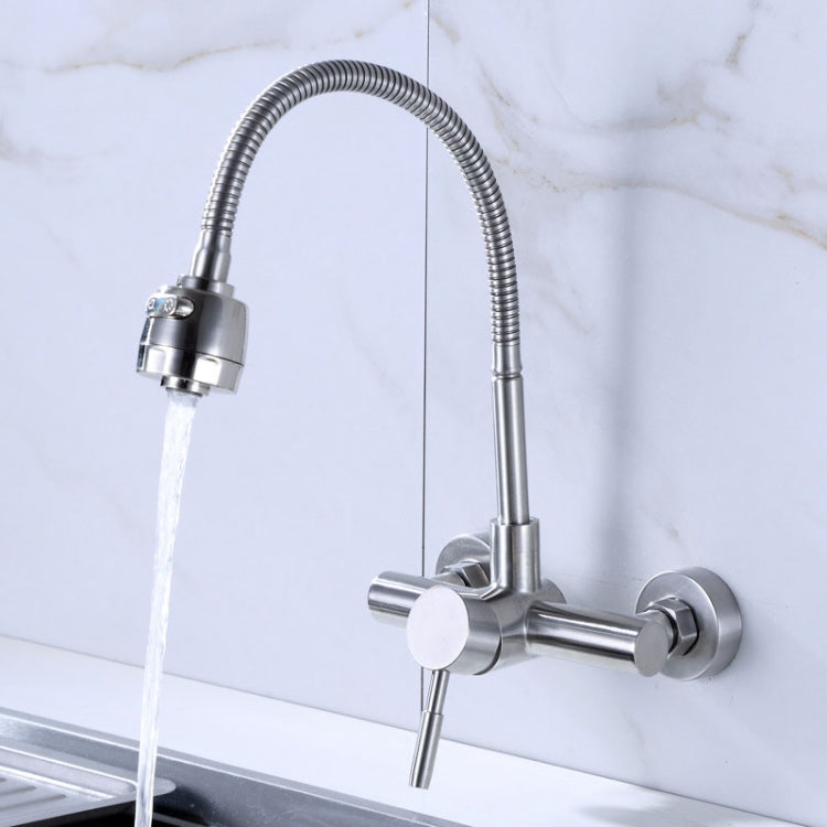 Stainless steel wall faucet with tall spout, flexible hose sprayer, and side control