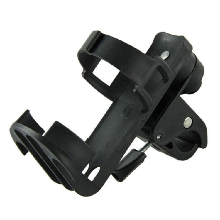 Black bottle cage with adjustable clamp, hinge arm, and lock mechanism