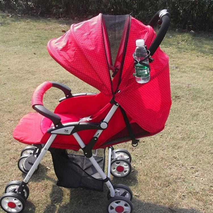 Black lockable bottle cage attached to a stroller handle