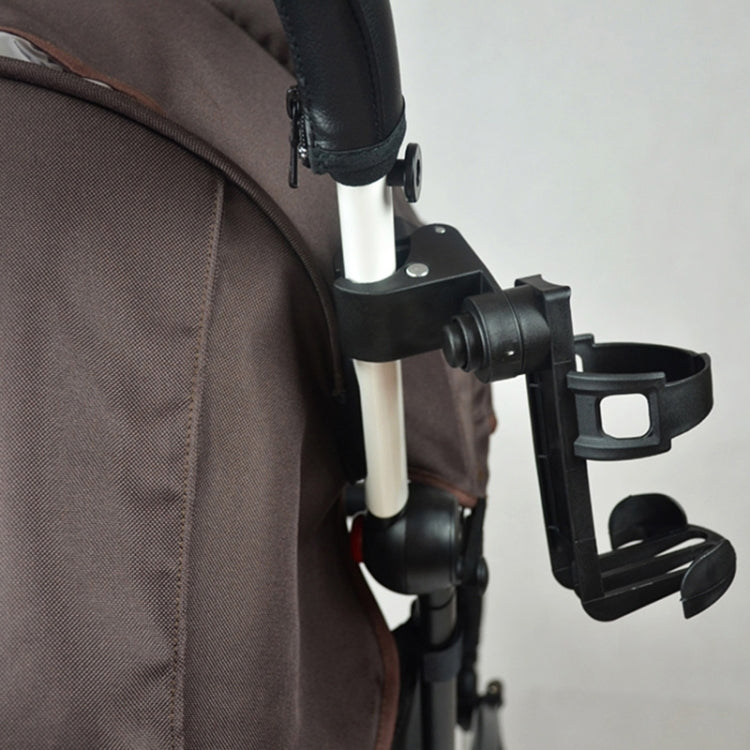 Black bottle holder clamp with lock bracket on stroller handle