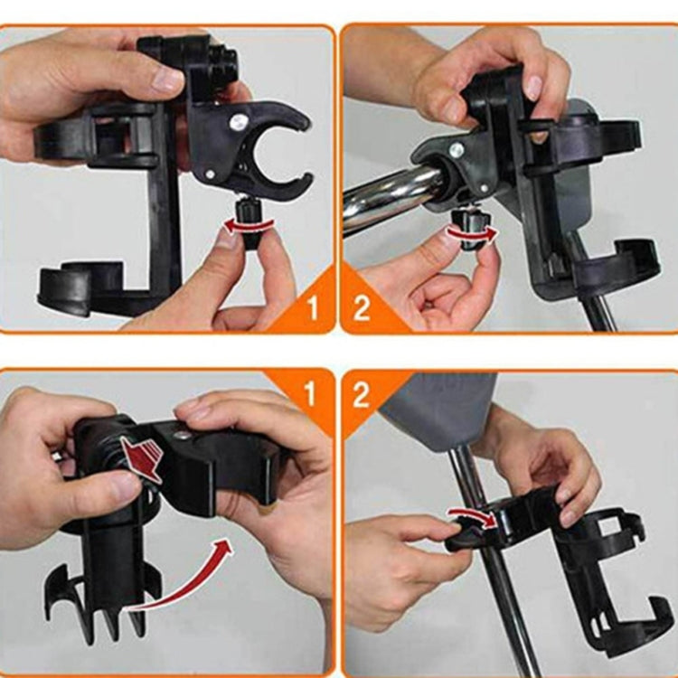 Black lockable bottle cage shown during latch operation on mounting bar