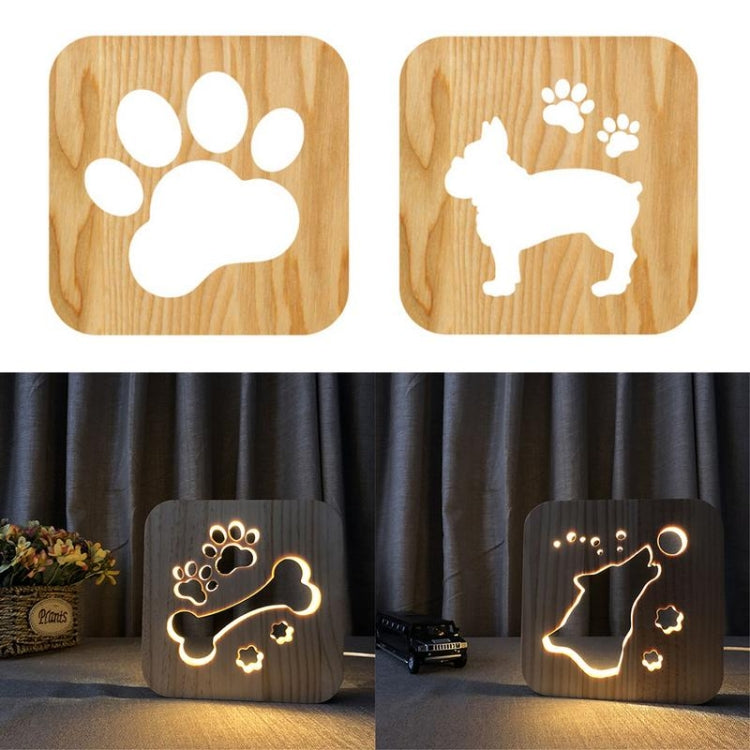 Wooden LED night lamp with engraved paw print and dog silhouette on square panel