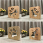 Wooden LED night lamp showing paw and animal silhouette engravings from multiple angles