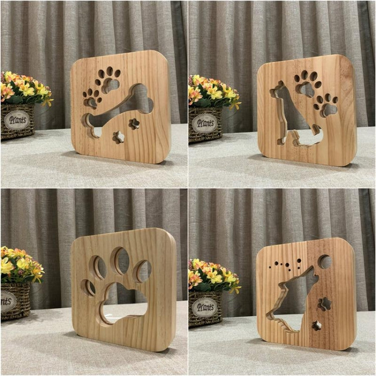 Wooden LED night lamp showing paw and animal silhouette engravings from multiple angles