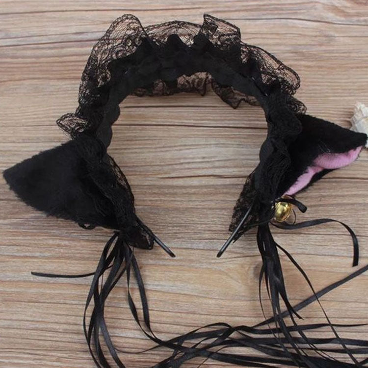 Black lace cat-ear headband with long ribbon ties and pink inner ear lining