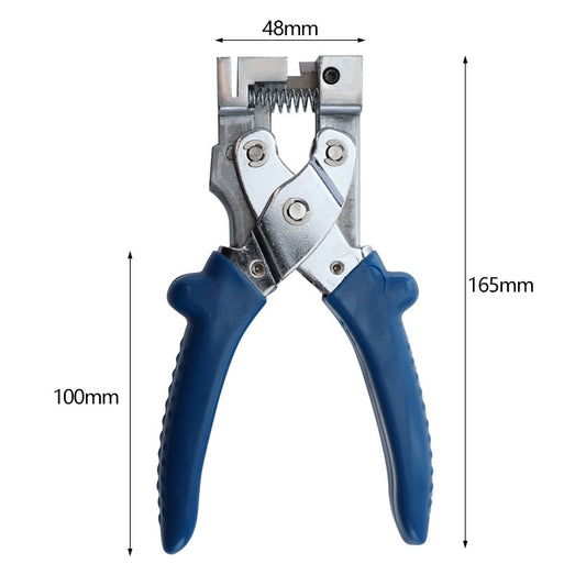 Blue-handled 90-degree strip edge banding pliers with size measurement markings