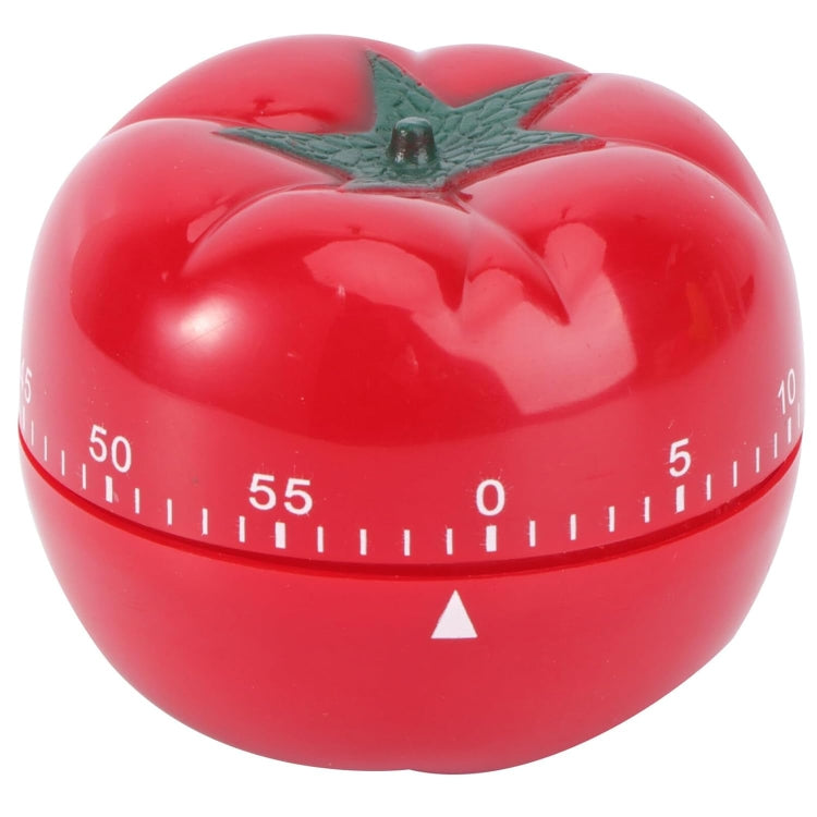 Red tomato-shaped mechanical kitchen timer with green stem and numbered dial