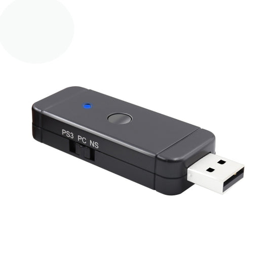 Black wireless controller converter adapter with USB plug and blue status LED