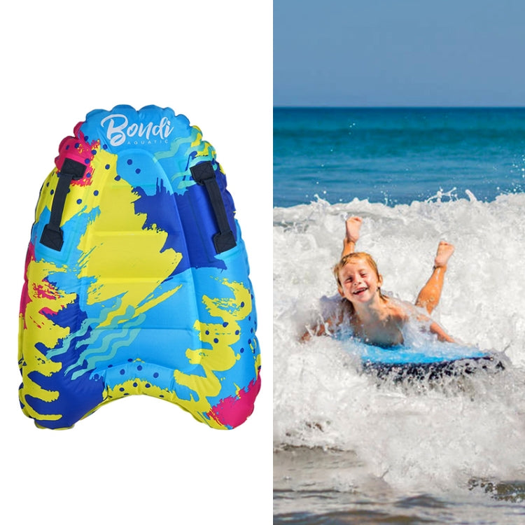 Colorful inflatable bodyboard with carry handle and side strap, blue/yellow/pink graphics