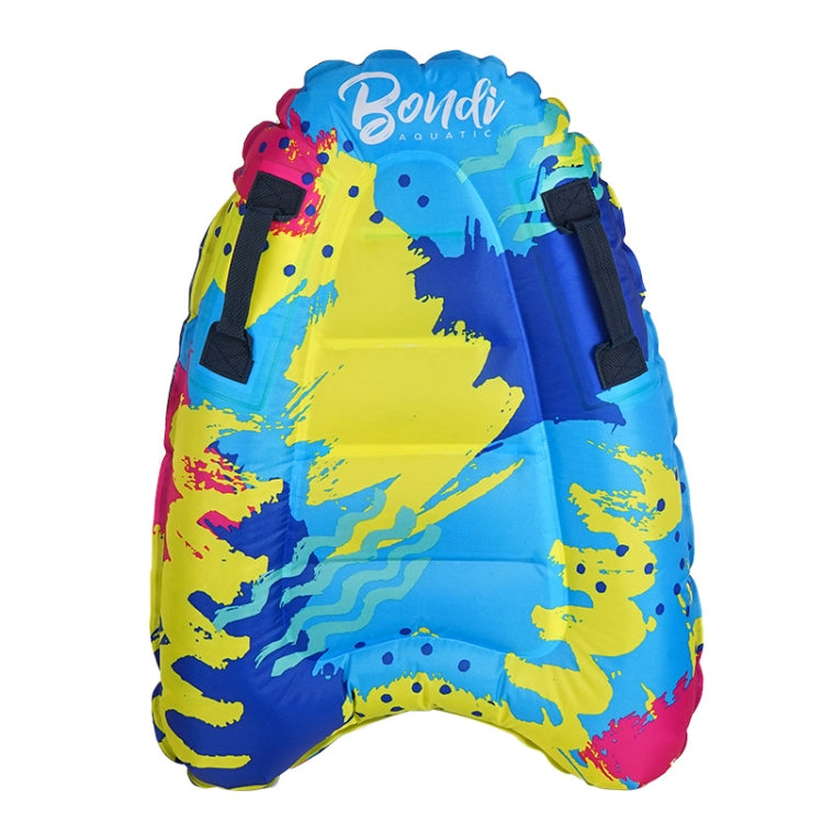 Colorful inflatable bodyboard with carry handle and loop strap, blue yellow pink graphics