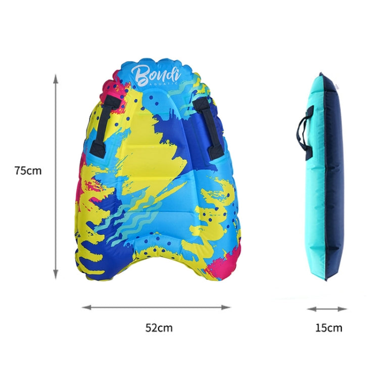 Inflatable bodyboard front and side view with carry handle and strap, blue graphic colors