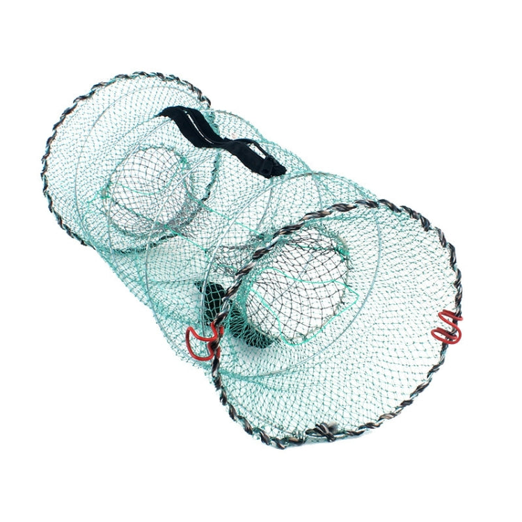 Cylindrical fish trap net with light aqua mesh, black ring entrances, and red hooks