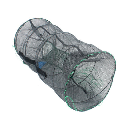 Round automatic fish trap net, dark gray mesh with green trim and black spring frame