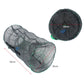 Cylindrical fish trap net with dark mesh and green edging, shown with 30 cm size