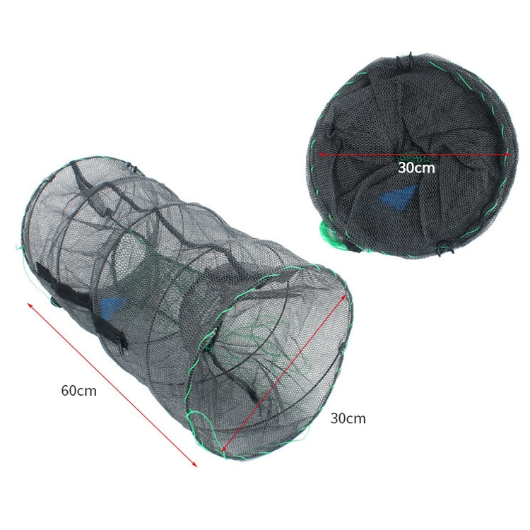 Cylindrical fish trap net with dark mesh and green edging, shown with 30 cm size