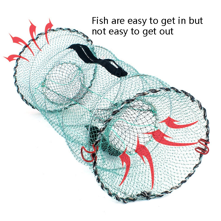 Aqua fish trap net with black strap and red hook guards, wide end visible