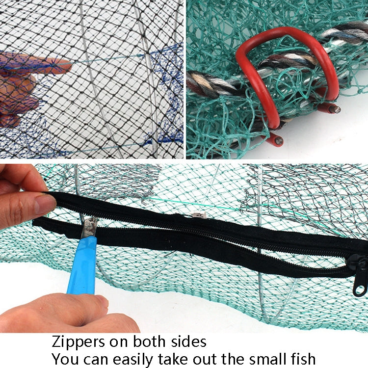Fish trap net with side black zipper and teal mesh panel for opening access