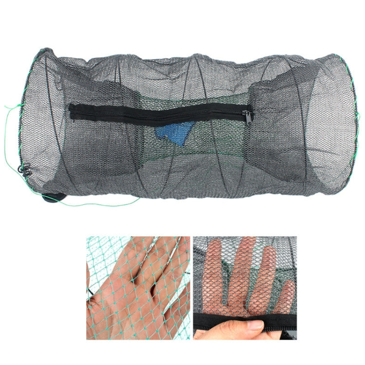 Folded fish trap net with dark gray mesh and black zipper closure across top