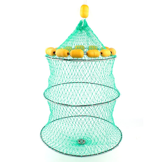 Green buoyant fish cage net with yellow oval floats, three-circle folded design