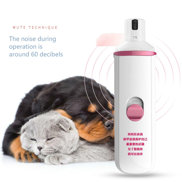Pink-accent pet electric nail polisher next to resting dog for low-noise operation
