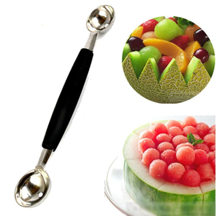 Double-head fruit digging spoon with black handle and stainless steel scoops