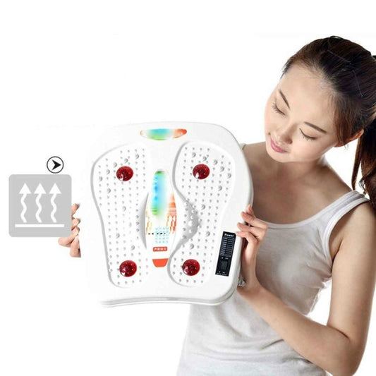 Electric foot massager with red nodes and rainbow display, held in hands