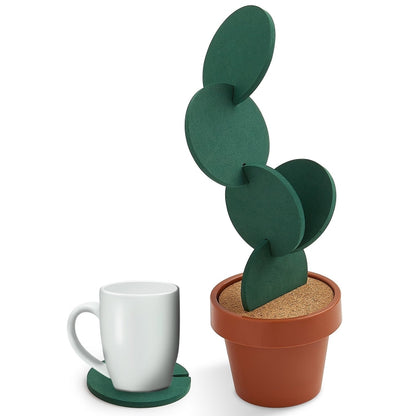Cactus coaster set with green felt cactus on cork base in an orange pot.