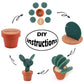 DIY cactus coaster components shown around an orange pot with cork insert and green pieces.