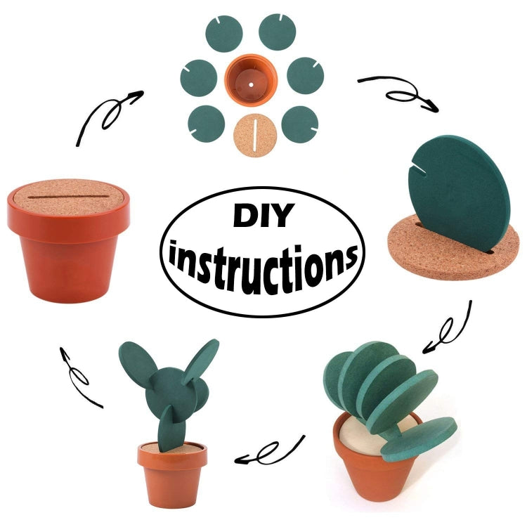DIY cactus coaster components shown around an orange pot with cork insert and green pieces.