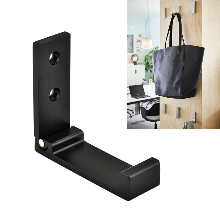 Black wall-mounted folding robe hook with two mounting holes and padded folding base