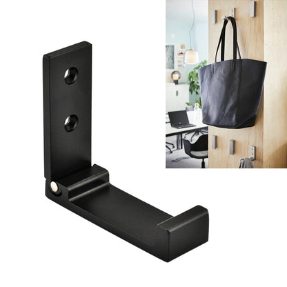 Black wall-mounted folding robe hook with two mounting holes and padded folding base
