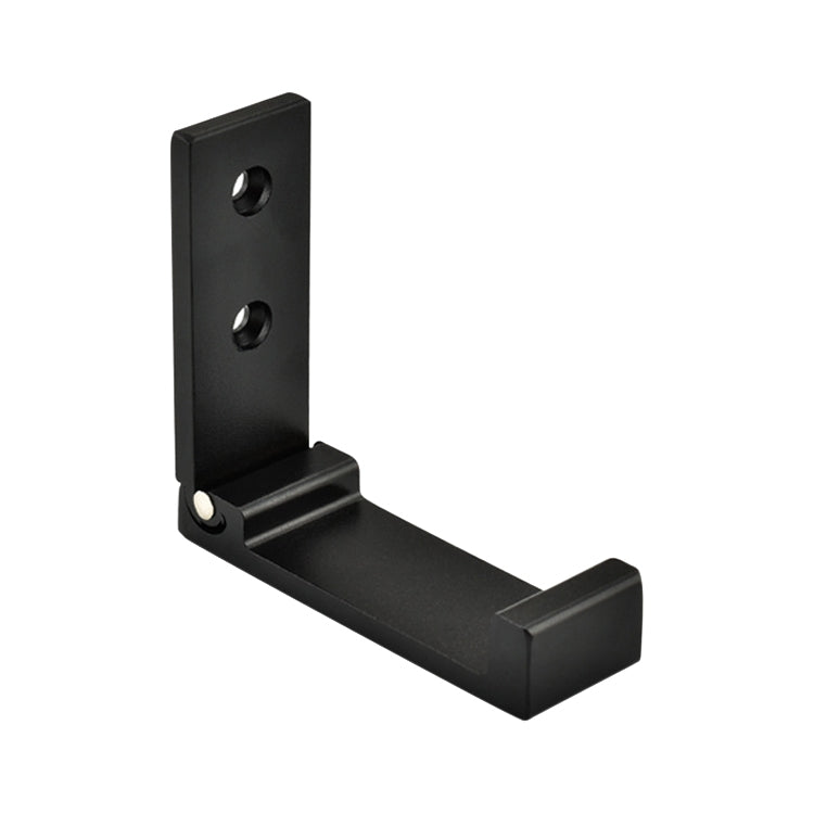 Black wall-mounted folding robe hook with two screw holes and recessed hanging base