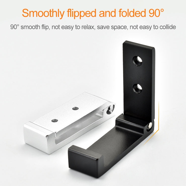 Black 90-degree folding robe hook with two mounting holes and base pad