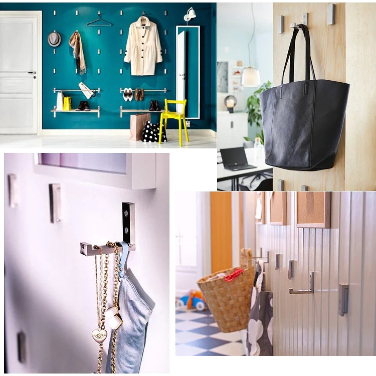 Black wall-mounted folding hook holding a hanging tote bag
