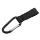 Single black stroller hook with fabric strap and curved metal carabiner