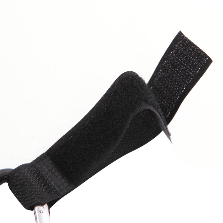 Stroller hook with black strap and metal clip, shown at attachment point