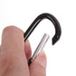 Hand gripping black stroller hook carabiner with metal latch detail