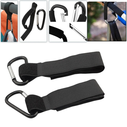 Black universal stroller hook set with fabric straps and metal carabiner clips