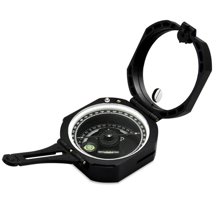 Flip compass instrument with black case, circular dial, and folding sight housing