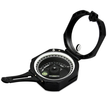 Flip compass instrument with black case, circular dial, and folding sight housing