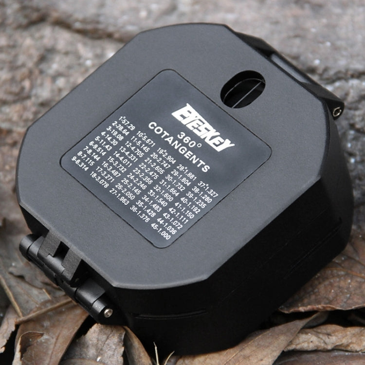 Compass case with printed technical text label and handhold cutout on back