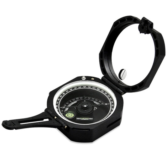 Flip compass instrument with black case, circular dial, and folding sight housing