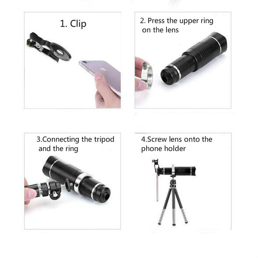 Telephoto lens adapter parts: clip, rings, and phone holder for mounting