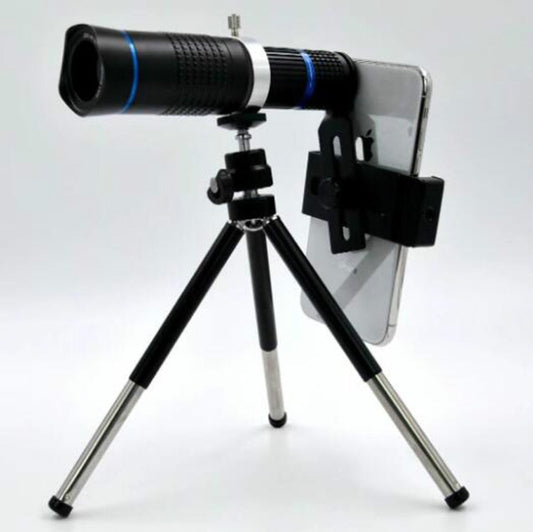 20x telephoto lens monocular with tripod and phone holder, black with blue accents