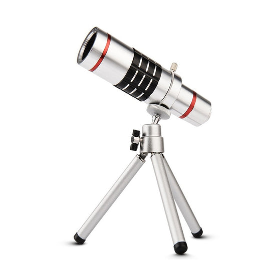 Telephoto lens and tripod stand accessory for smartphone, silver with black barrel and red trim