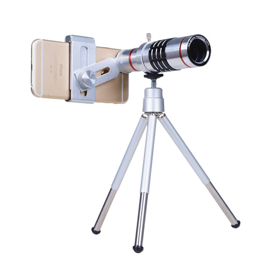 Mobile phone telephoto lens with metal clip and tripod, silver/black with red rings