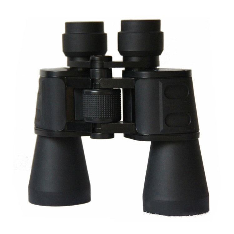 Black binoculars with two large eyepieces and central focus wheel