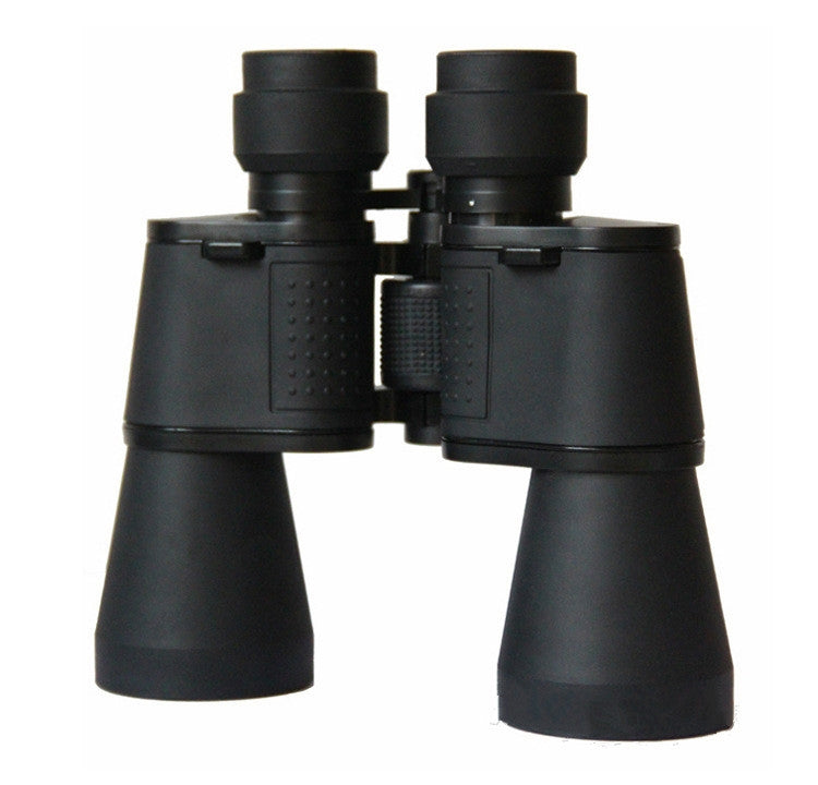 Black binoculars with textured grip panels and center focus bridge