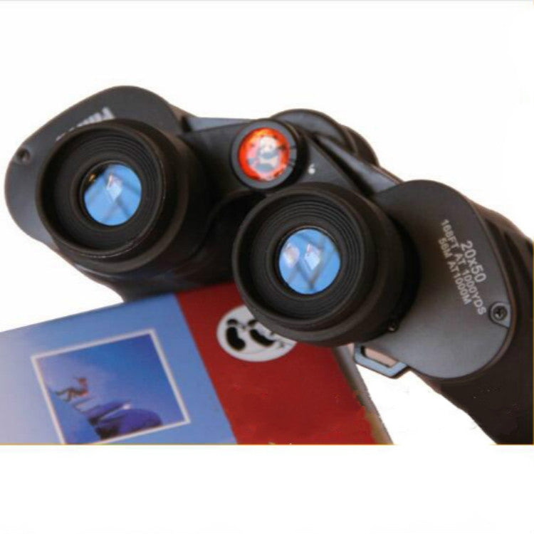 Black binoculars with blue-tinted lens view through both eyepieces