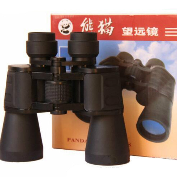 Black binoculars displayed with a retail box behind them